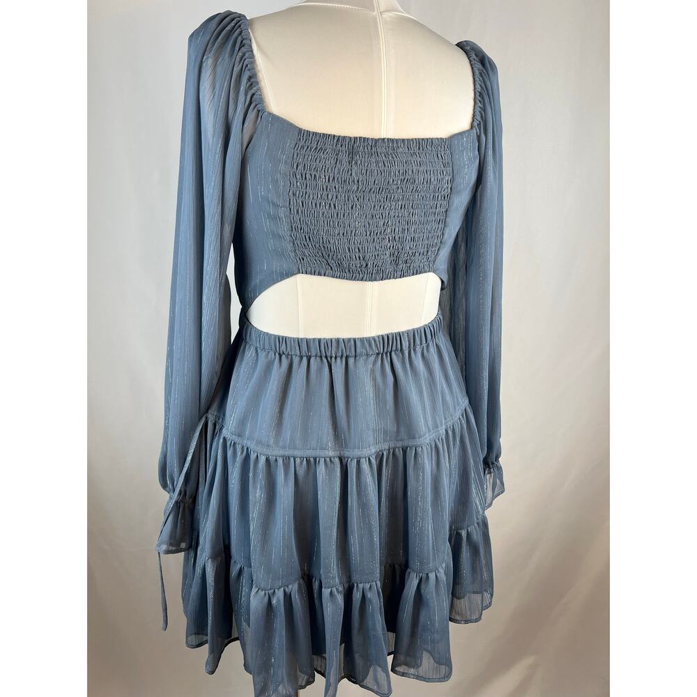 WAYF Dakota Metallic Blue Cutout Tiered Mini Dress Size M Long Sleeve - Picture 2 of 8
